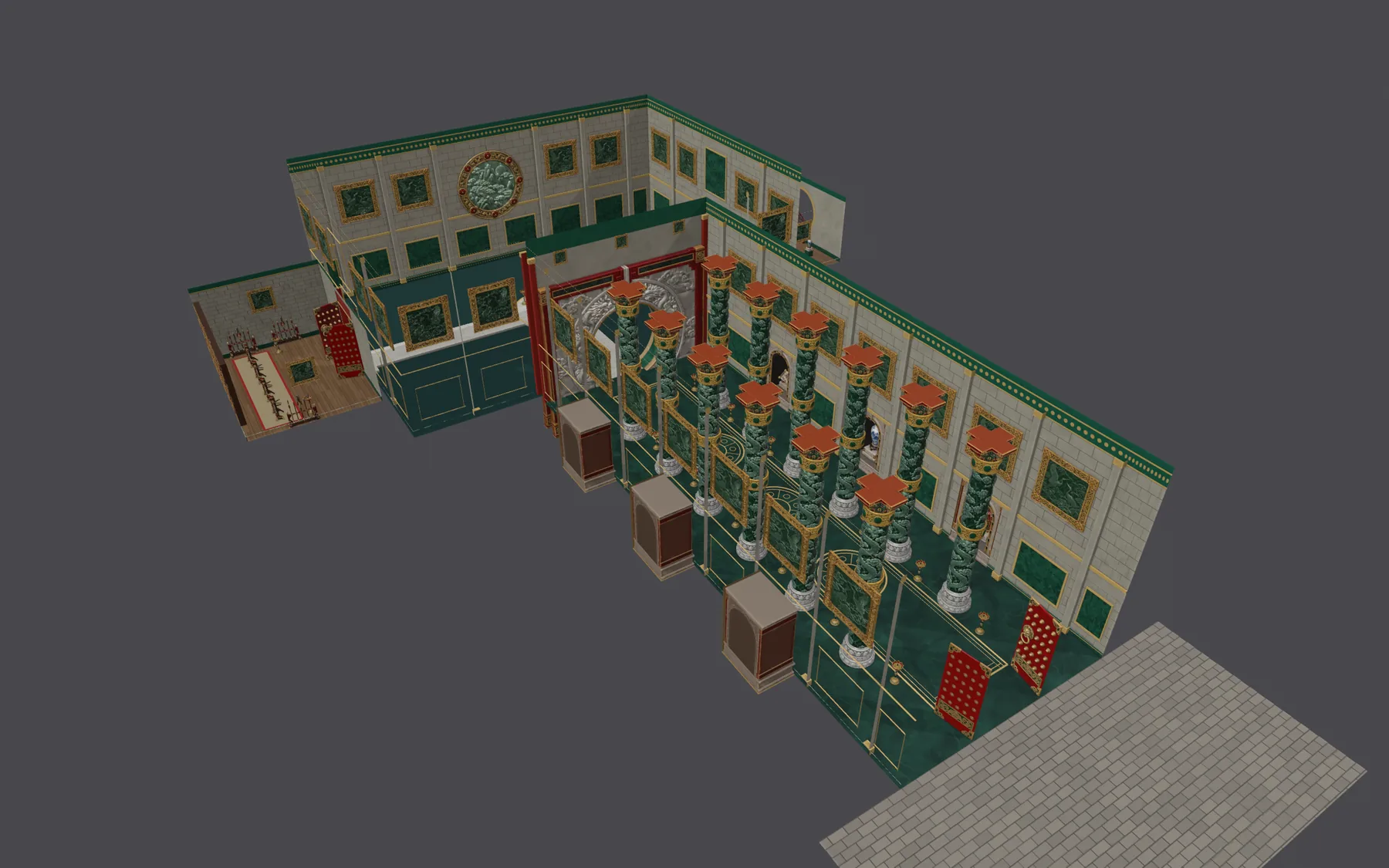 Jade Tempel — From above at an angle, roof off and open at the front — our working model in Blender, without the light of the page: front right the forecourt, then the column hall, behind it the water room with one of the side wings