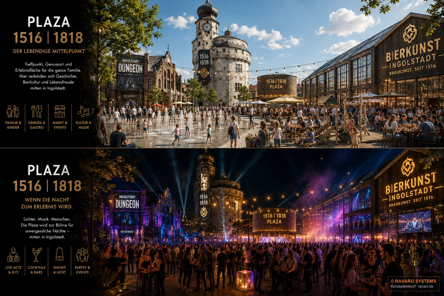 1516 | 1776 | 1818 Ingolstadt — Plaza 1516 | 1818 — day and night