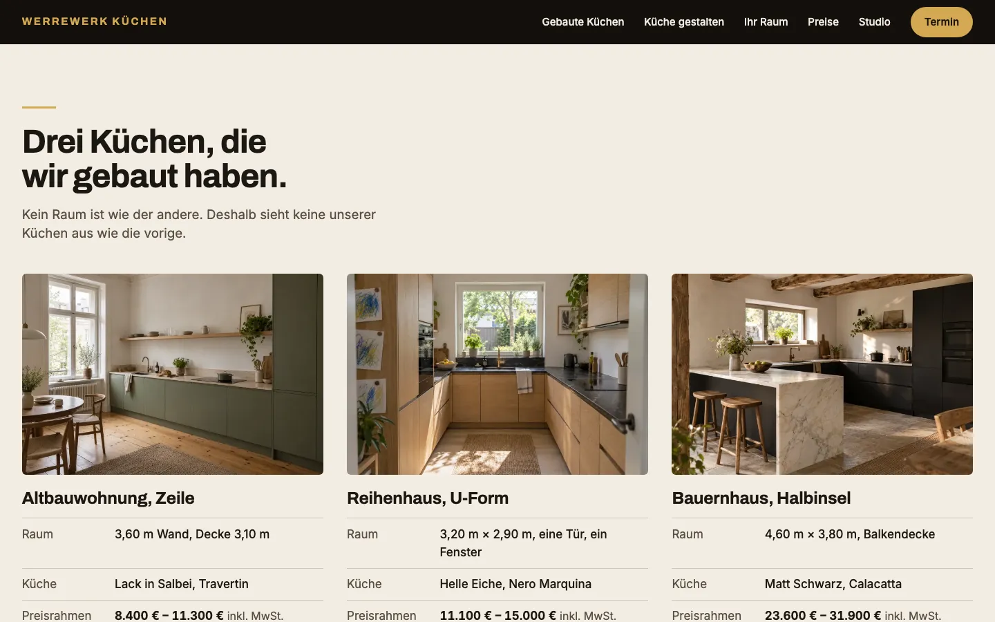 Werrewerk Küchen — “Kitchens we have built”: three kitchens in other homes, each with layout, size and price range.