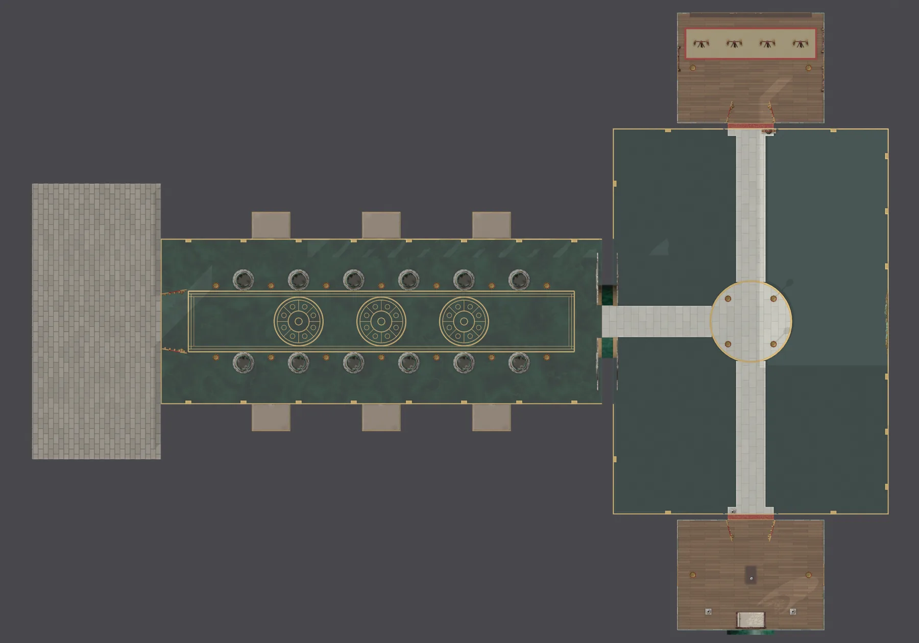Jade Tempel — Straight down, like a floor plan: left the forecourt, in the middle the column hall with its niches, right the water room with the walkway to the platform, above and below the training hall and the quiet room