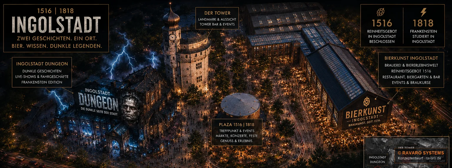 1516 | 1776 | 1818 Ingolstadt — The quarter as a whole: the dungeon on the left, tower and plaza in the middle, the brewery on the right — and the city that is already there all around it.