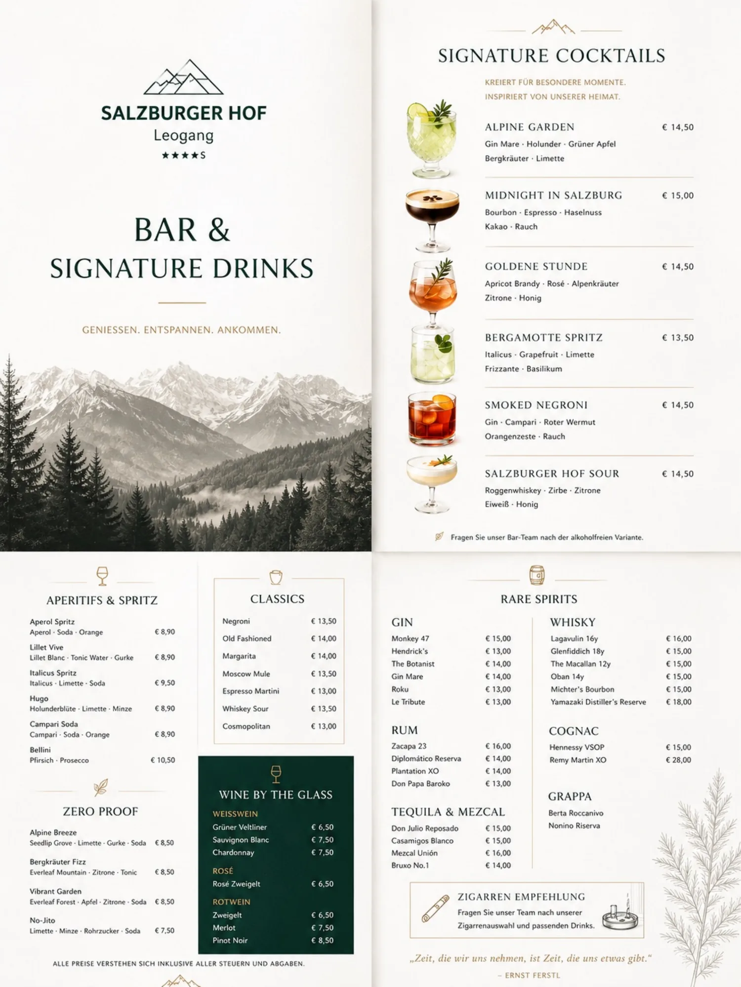 Salzburger Hof, Leogang — The card as we put it forward: signature drinks, classics, wine by the glass, zero proof and the rare spirits — readable across two pages, without a guest having to leaf through anything.